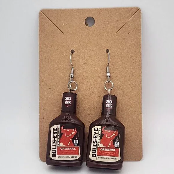Mini-Brands "Bull's Eye BBQ Sauce" Stainless Steel Fishhook Earrings - Picture 2 of 3